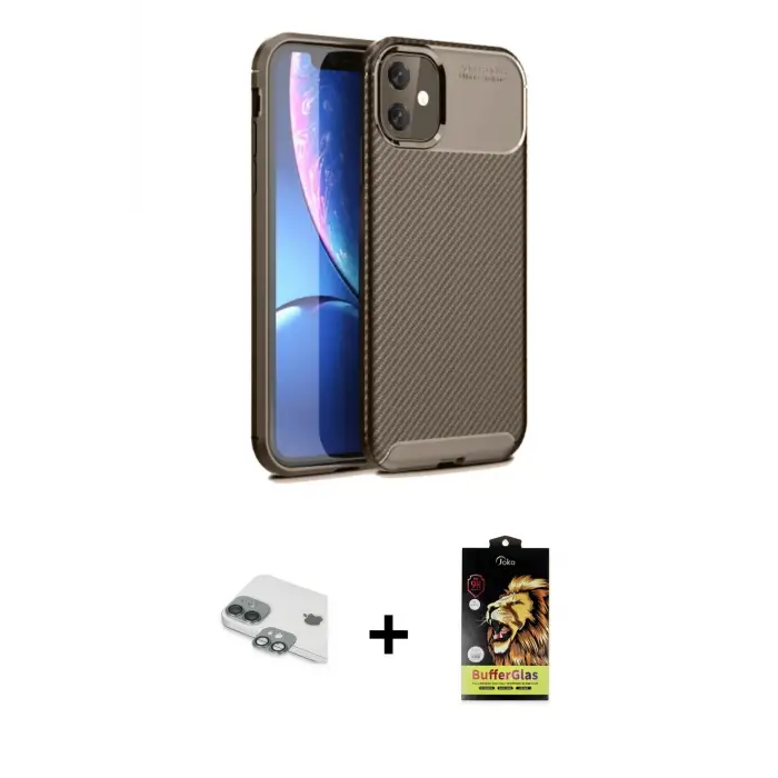 ieg™ iPhone 11 Kılıf Eksen Form Prime - Siyah Buffer Cam Ekran Koruyucu + Pers Alüminyum Kamera Lens - YL