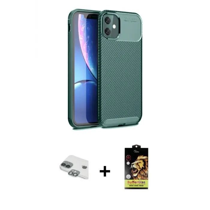 ieg™ iPhone 11 Kılıf Eksen Form Prime - Siyah Buffer Cam Ekran Koruyucu + Pers Alüminyum Kamera Lens - YL