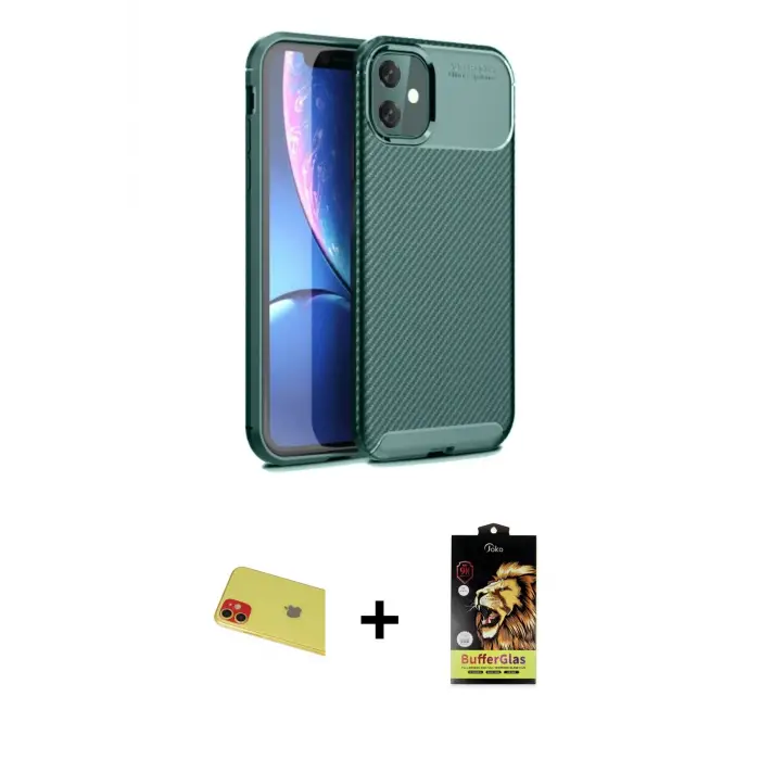 ieg™ iPhone 11 Kılıf Eksen Form Prime - Siyah Buffer Cam Ekran Koruyucu + Rainbow Kamera Lens Koruma Cam - KI