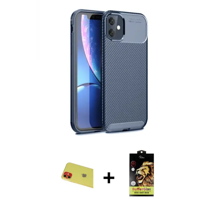 ieg™ iPhone 11 Kılıf Eksen Form Prime - Siyah Buffer Cam Ekran Koruyucu + Rainbow Kamera Lens Koruma Cam - KI
