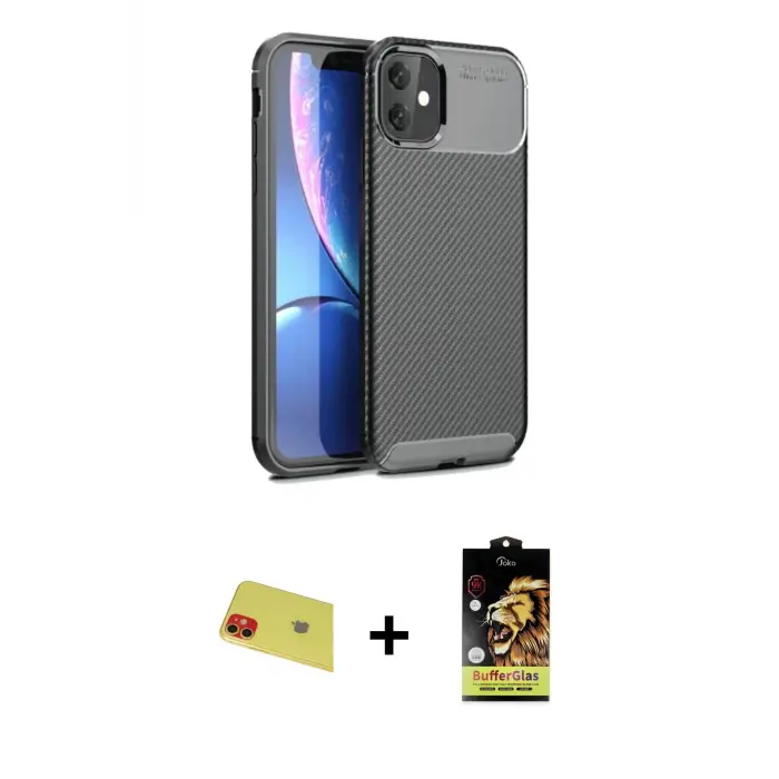 ieg™ iPhone 11 Kılıf Eksen Form Prime - Siyah Buffer Cam Ekran Koruyucu + Rainbow Kamera Lens Koruma Cam - KI
