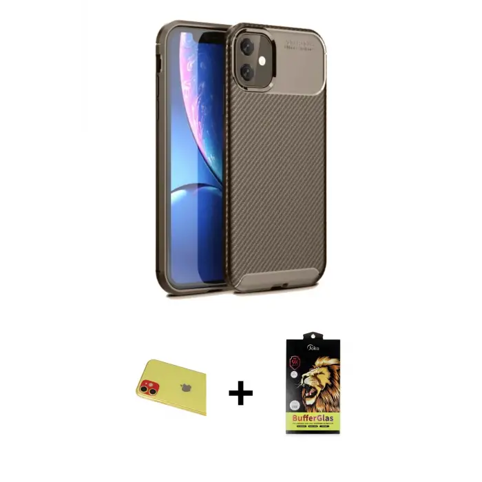 ieg™ iPhone 11 Kılıf Eksen Form Prime - Siyah Buffer Cam Ekran Koruyucu + Rainbow Kamera Lens Koruma Cam - KI