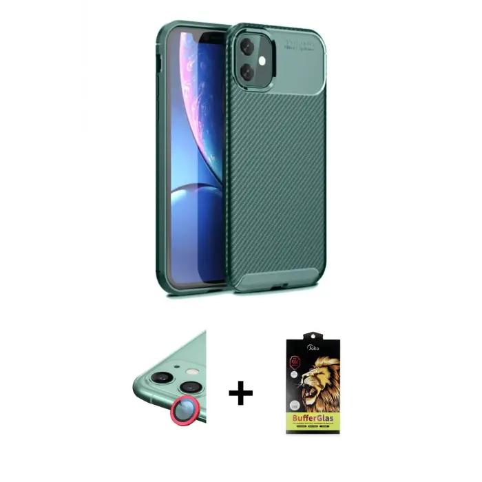 ieg™ iPhone 11 Kılıf Eksen Form Prime - Siyah Buffer Cam Ekran Koruyucu + Raze Metal Kamera Lens - KI