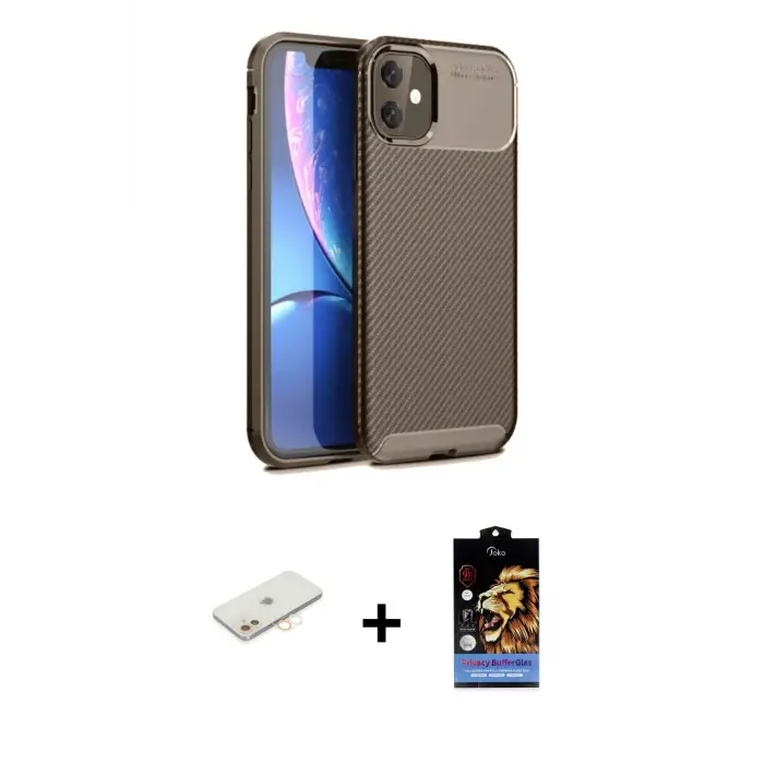 ieg™ iPhone 11 Kılıf Eksen Form Prime - Siyah Buffer Hayalet Cam Ekran Koruyucu + Renkli Kamera Lens Koruma Cam - SI