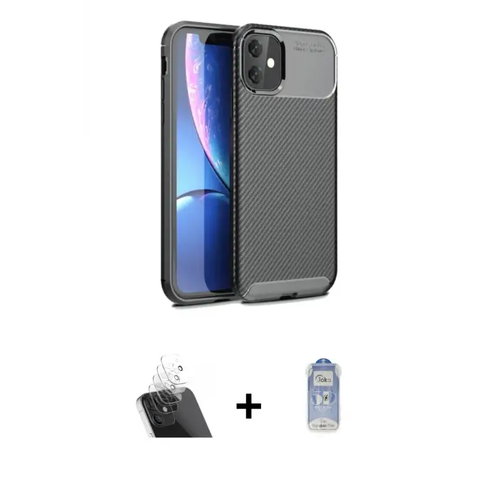 ieg™ iPhone 11 Kılıf Eksen Form Prime - Siyah Joko Magic 5D Cam + Kamera Lens Koruma Cam - SF