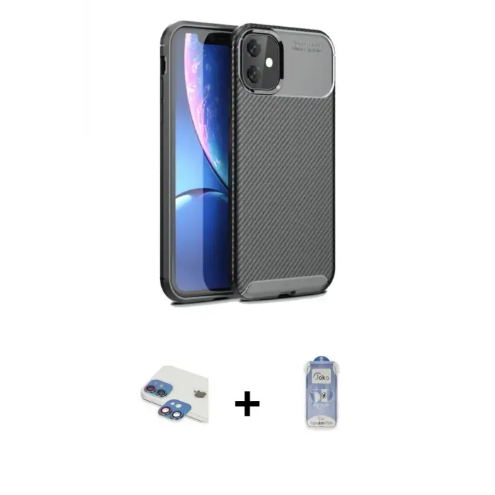 ieg™ iPhone 11 Kılıf Eksen Form Prime - Siyah Joko Magic 5D Cam + Pers Alüminyum Kamera Lens - GI