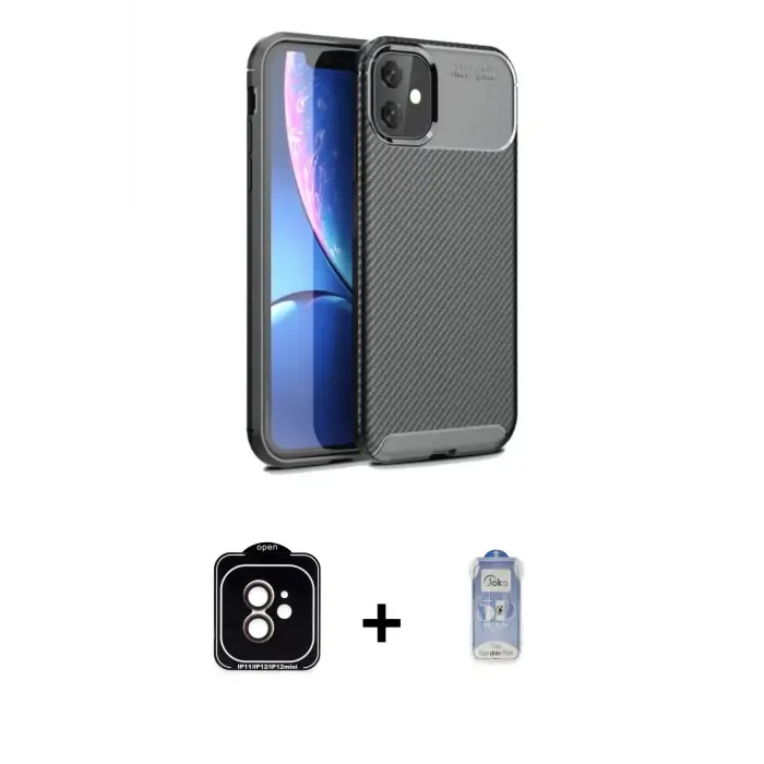 ieg™ iPhone 11 Kılıf Eksen Form Prime - Siyah Joko Magic 5D Cam + PVD Metal Kamera Lens - TU