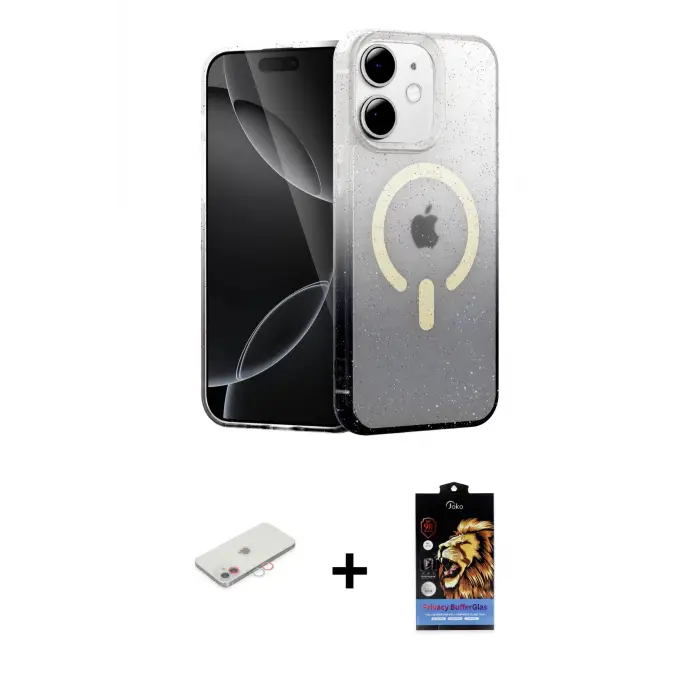ieg™ iPhone 11 Kılıf Eksen Minimal Özel Seri - Siyah Buffer Hayalet Cam Ekran Koruyucu + Renkli Kamera Lens Koruma Cam - PE