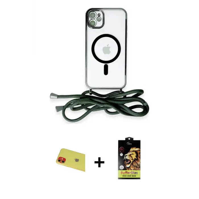 ieg™ iPhone 11 Kılıf Eksen Özel Seri - Siyah Buffer Cam Ekran Koruyucu + Rainbow Kamera Lens Koruma Cam - KI