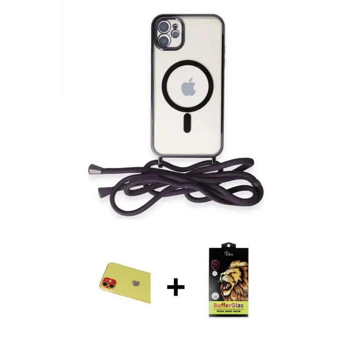 ieg™ iPhone 11 Kılıf Eksen Özel Seri - Siyah Buffer Cam Ekran Koruyucu + Rainbow Kamera Lens Koruma Cam - KI