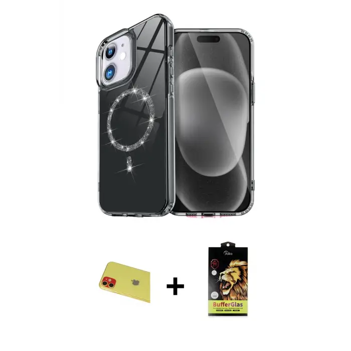 ieg™ iPhone 11 Kılıf Kıvılcım Form Prime - Siyah Buffer Cam Ekran Koruyucu + Rainbow Kamera Lens Koruma Cam - KI
