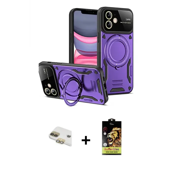 ieg™ iPhone 11 Kılıf Kıvılcım Modern Serisi - Siyah Buffer Cam Ekran Koruyucu + Pers Alüminyum Kamera Lens - GD