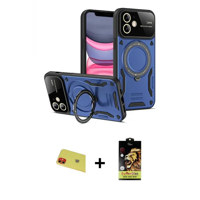 ieg™ iPhone 11 Kılıf Kıvılcım Modern Serisi - Siyah Buffer Cam Ekran Koruyucu + Rainbow Kamera Lens Koruma Cam - KI