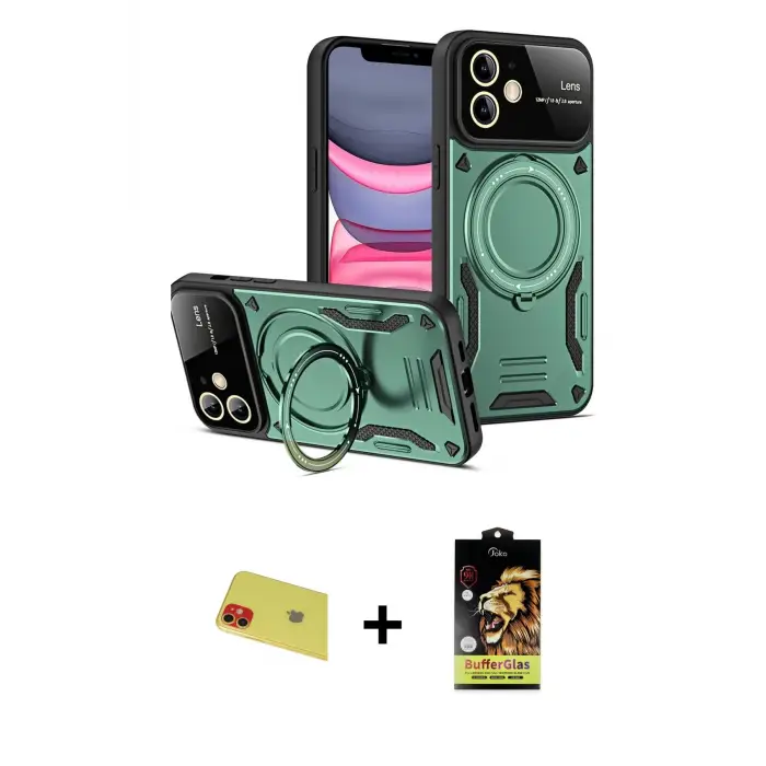 ieg™ iPhone 11 Kılıf Kıvılcım Modern Serisi - Siyah Buffer Cam Ekran Koruyucu + Rainbow Kamera Lens Koruma Cam - KI
