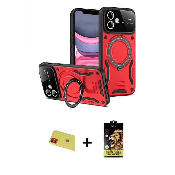 ieg™ iPhone 11 Kılıf Kıvılcım Modern Serisi - Siyah Buffer Cam Ekran Koruyucu + Rainbow Kamera Lens Koruma Cam - KI