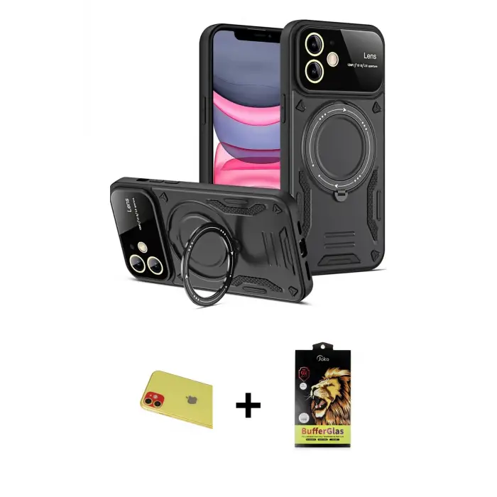ieg™ iPhone 11 Kılıf Kıvılcım Modern Serisi - Siyah Buffer Cam Ekran Koruyucu + Rainbow Kamera Lens Koruma Cam - KI