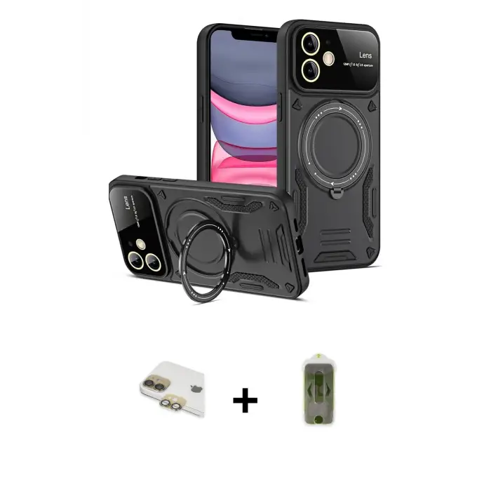 ieg™ iPhone 11 Kılıf Kıvılcım Modern Serisi - Siyah Joko Magic 5D Hayalet Cam + Pers Alüminyum Kamera Lens - GD