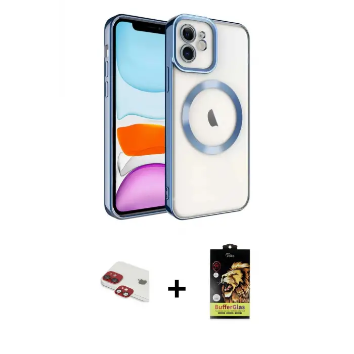 ieg™ iPhone 11 Kılıf Nova Işık Özel Seri - Siyah Buffer Cam Ekran Koruyucu + Pers Alüminyum Kamera Lens - KI