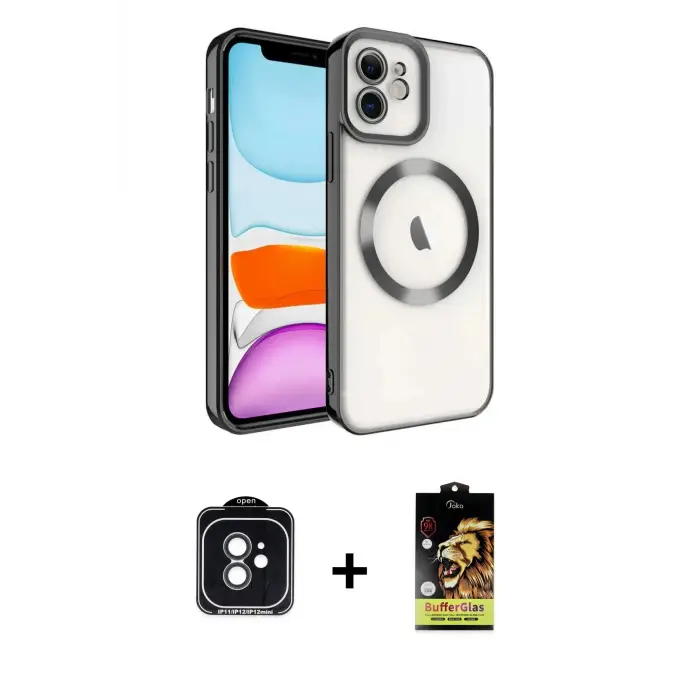 ieg™ iPhone 11 Kılıf Nova Işık Özel Seri - Siyah Buffer Cam Ekran Koruyucu + PVD Metal Kamera Lens - SH