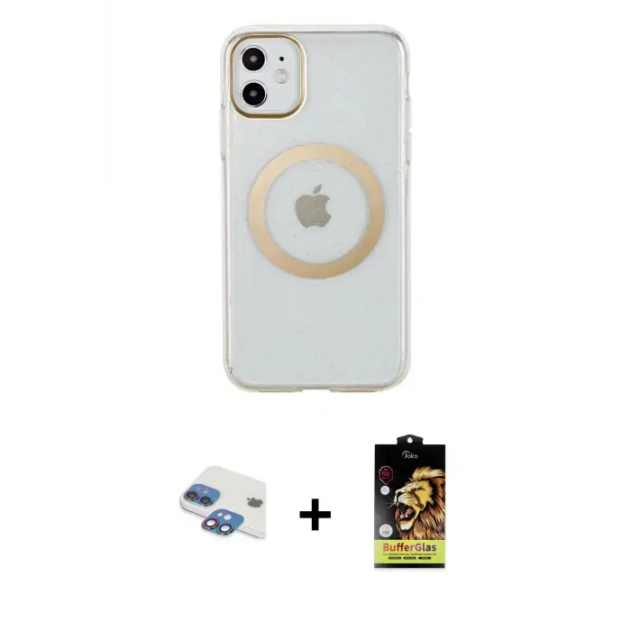 ieg™ iPhone 11 Kılıf Pusula Form - Siyah Buffer Cam Ekran Koruyucu + Pers Alüminyum Kamera Lens - GI