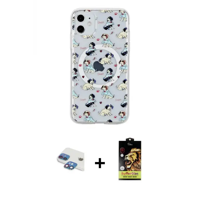ieg™ iPhone 11 Kılıf Pusula Form - Siyah Buffer Cam Ekran Koruyucu + Pers Alüminyum Kamera Lens - GI