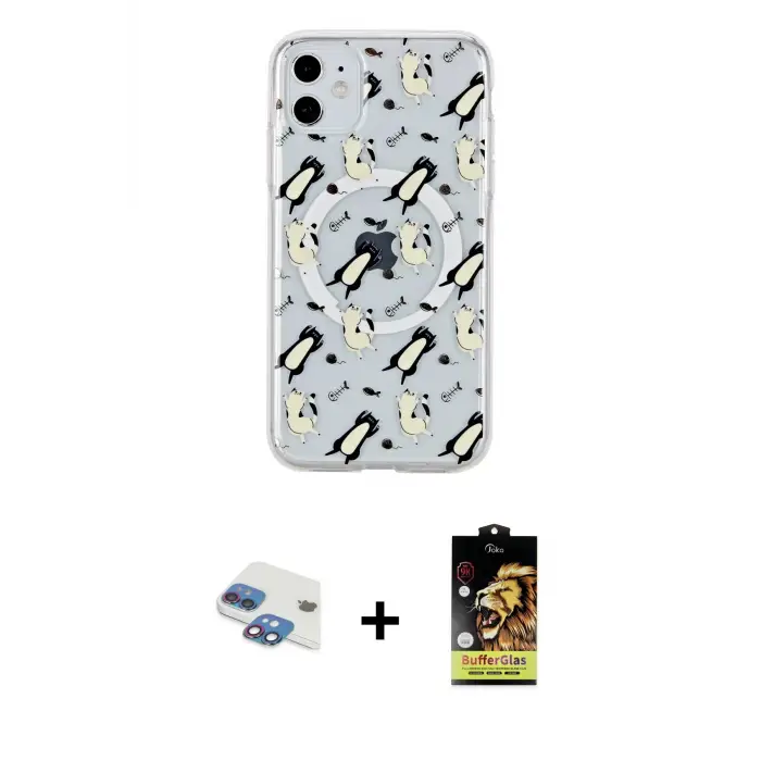 ieg™ iPhone 11 Kılıf Pusula Form - Siyah Buffer Cam Ekran Koruyucu + Pers Alüminyum Kamera Lens - GI