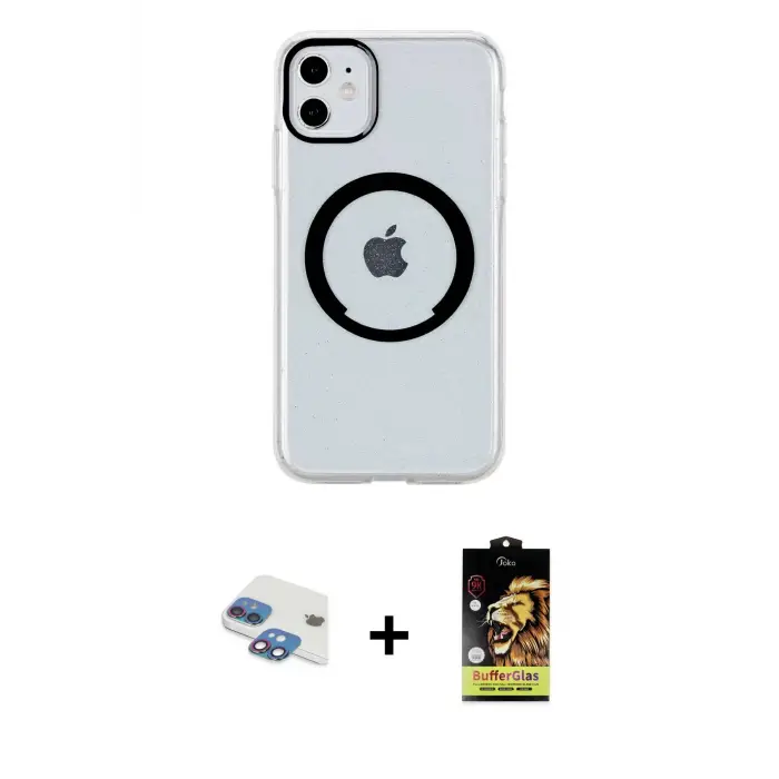ieg™ iPhone 11 Kılıf Pusula Form - Siyah Buffer Cam Ekran Koruyucu + Pers Alüminyum Kamera Lens - GI