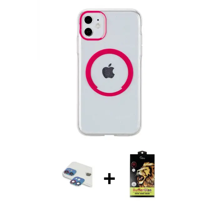 ieg™ iPhone 11 Kılıf Pusula Form - Siyah Buffer Cam Ekran Koruyucu + Pers Alüminyum Kamera Lens - GI