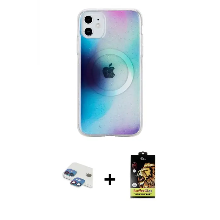 ieg™ iPhone 11 Kılıf Pusula Form - Siyah Buffer Cam Ekran Koruyucu + Pers Alüminyum Kamera Lens - GI