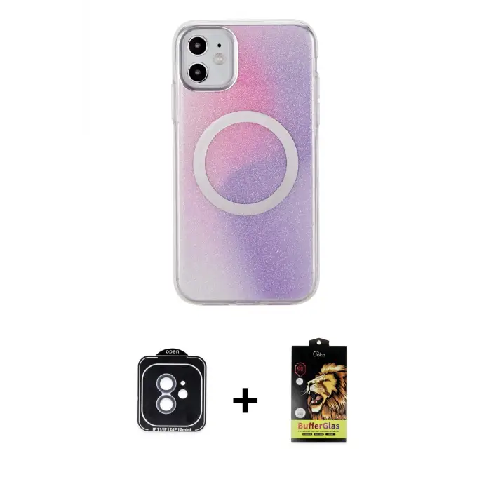 ieg™ iPhone 11 Kılıf Pusula Form - Siyah Buffer Cam Ekran Koruyucu + PVD Metal Kamera Lens - MI