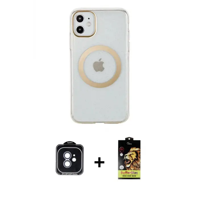 ieg™ iPhone 11 Kılıf Pusula Form - Siyah Buffer Cam Ekran Koruyucu + PVD Metal Kamera Lens - MI