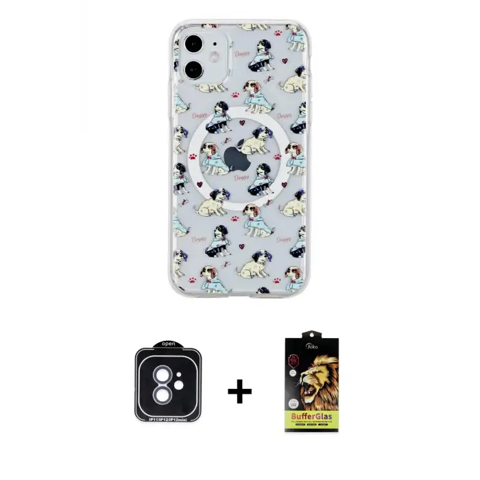 ieg™ iPhone 11 Kılıf Pusula Form - Siyah Buffer Cam Ekran Koruyucu + PVD Metal Kamera Lens - MI