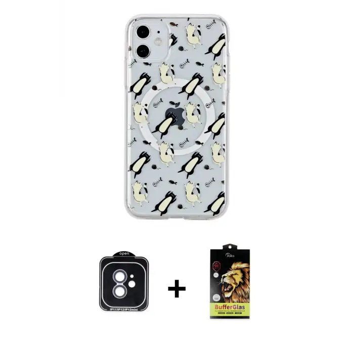 ieg™ iPhone 11 Kılıf Pusula Form - Siyah Buffer Cam Ekran Koruyucu + PVD Metal Kamera Lens - MI