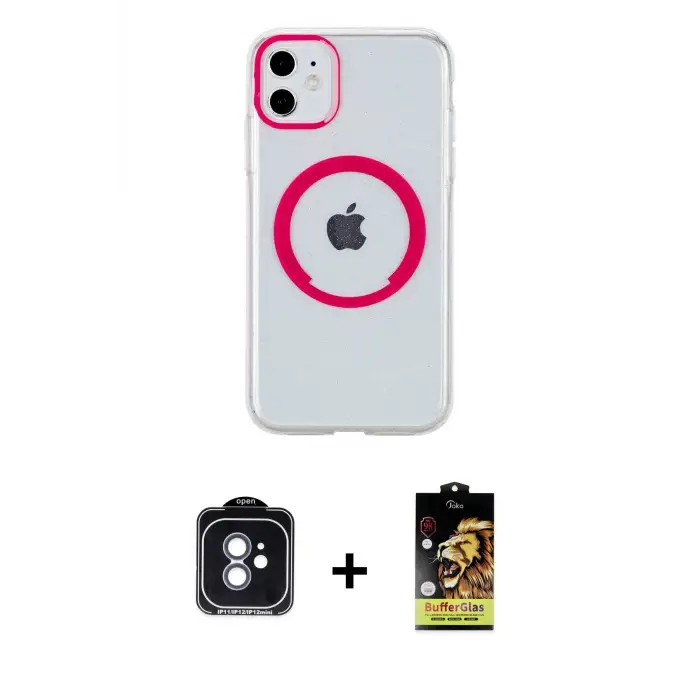 ieg™ iPhone 11 Kılıf Pusula Form - Siyah Buffer Cam Ekran Koruyucu + PVD Metal Kamera Lens - MI