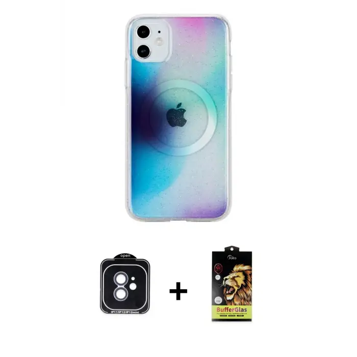 ieg™ iPhone 11 Kılıf Pusula Form - Siyah Buffer Cam Ekran Koruyucu + PVD Metal Kamera Lens - MI