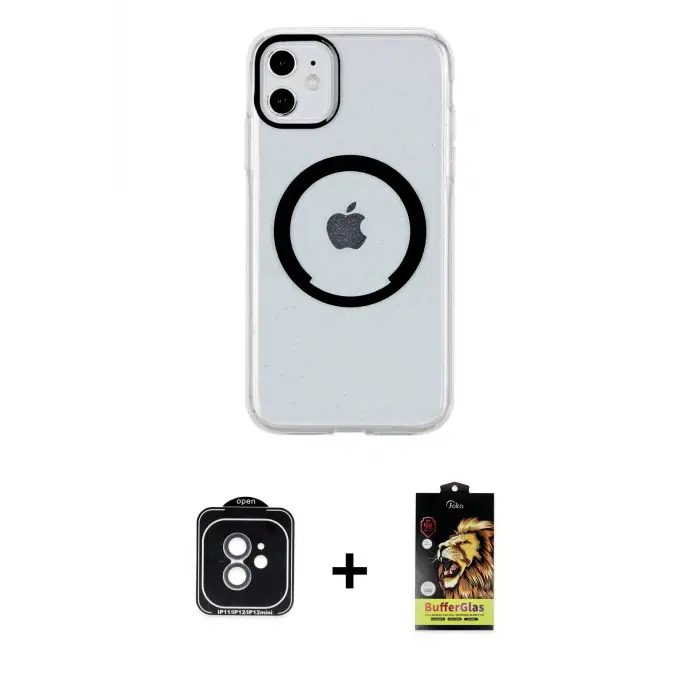 ieg™ iPhone 11 Kılıf Pusula Form - Siyah Buffer Cam Ekran Koruyucu + PVD Metal Kamera Lens - YL