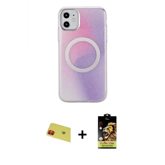 ieg™ iPhone 11 Kılıf Pusula Form - Siyah Buffer Cam Ekran Koruyucu + Rainbow Kamera Lens Koruma Cam - KI