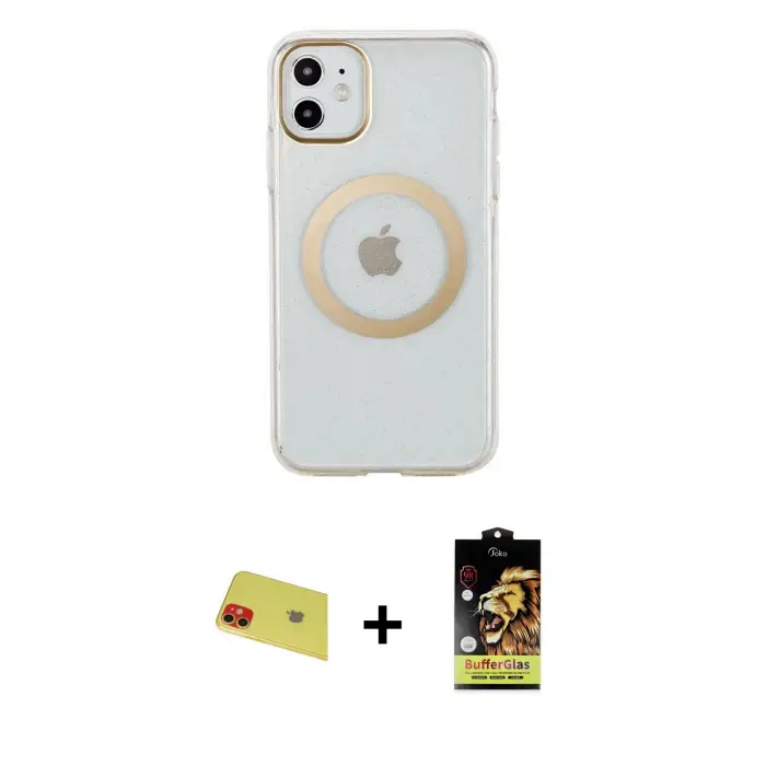ieg™ iPhone 11 Kılıf Pusula Form - Siyah Buffer Cam Ekran Koruyucu + Rainbow Kamera Lens Koruma Cam - KI