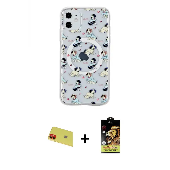 ieg™ iPhone 11 Kılıf Pusula Form - Siyah Buffer Cam Ekran Koruyucu + Rainbow Kamera Lens Koruma Cam - KI