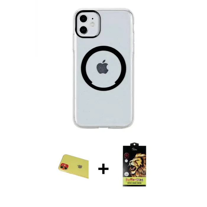 ieg™ iPhone 11 Kılıf Pusula Form - Siyah Buffer Cam Ekran Koruyucu + Rainbow Kamera Lens Koruma Cam - KI