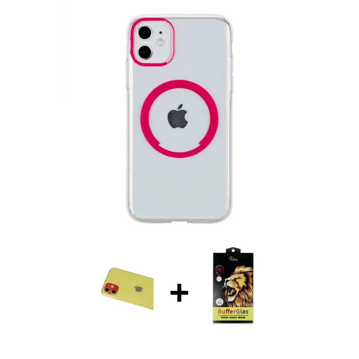 ieg™ iPhone 11 Kılıf Pusula Form - Siyah Buffer Cam Ekran Koruyucu + Rainbow Kamera Lens Koruma Cam - KI