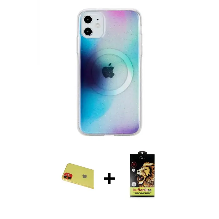 ieg™ iPhone 11 Kılıf Pusula Form - Siyah Buffer Cam Ekran Koruyucu + Rainbow Kamera Lens Koruma Cam - KI