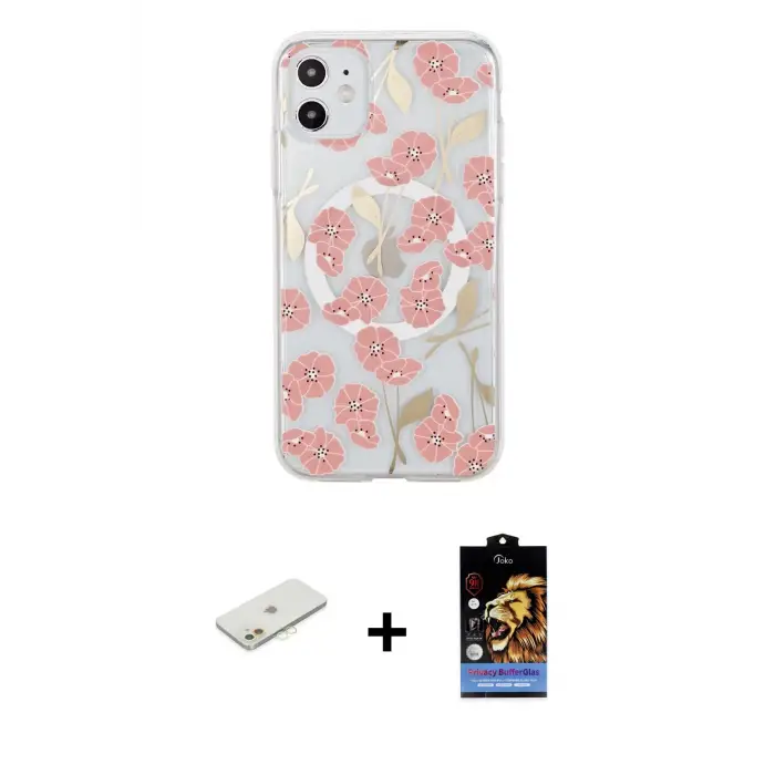 ieg™ iPhone 11 Kılıf Pusula Form - Siyah Buffer Hayalet Cam Ekran Koruyucu + Renkli Kamera Lens Koruma Cam - TU
