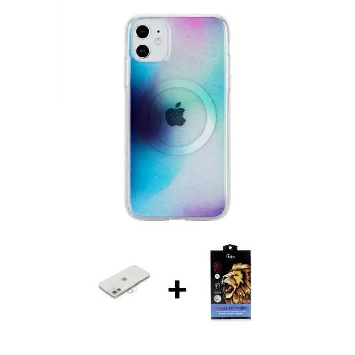 ieg™ iPhone 11 Kılıf Pusula Form - Siyah Buffer Hayalet Cam Ekran Koruyucu + Renkli Kamera Lens Koruma Cam - SI