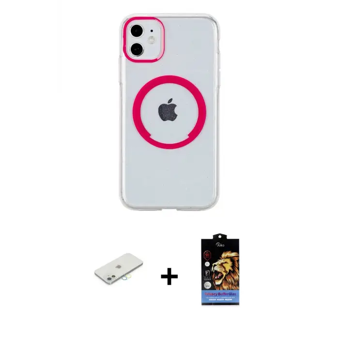 ieg™ iPhone 11 Kılıf Pusula Form - Siyah Buffer Hayalet Cam Ekran Koruyucu + Renkli Kamera Lens Koruma Cam - SI