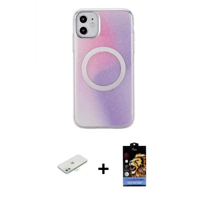 ieg™ iPhone 11 Kılıf Pusula Form - Siyah Buffer Hayalet Cam Ekran Koruyucu + Renkli Kamera Lens Koruma Cam - SI