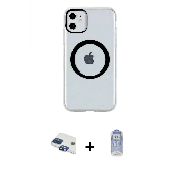ieg™ iPhone 11 Kılıf Pusula Form - Siyah Joko Magic 5D Cam + Pers Alüminyum Kamera Lens - LT