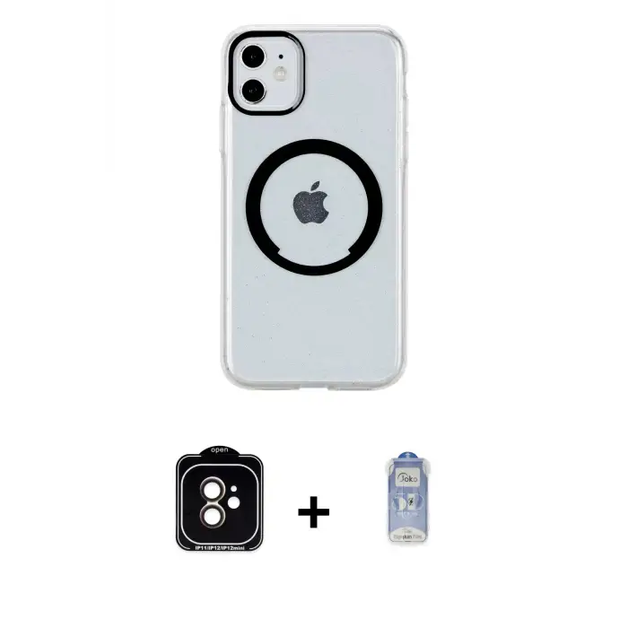 ieg™ iPhone 11 Kılıf Pusula Form - Siyah Joko Magic 5D Cam + PVD Metal Kamera Lens - TU