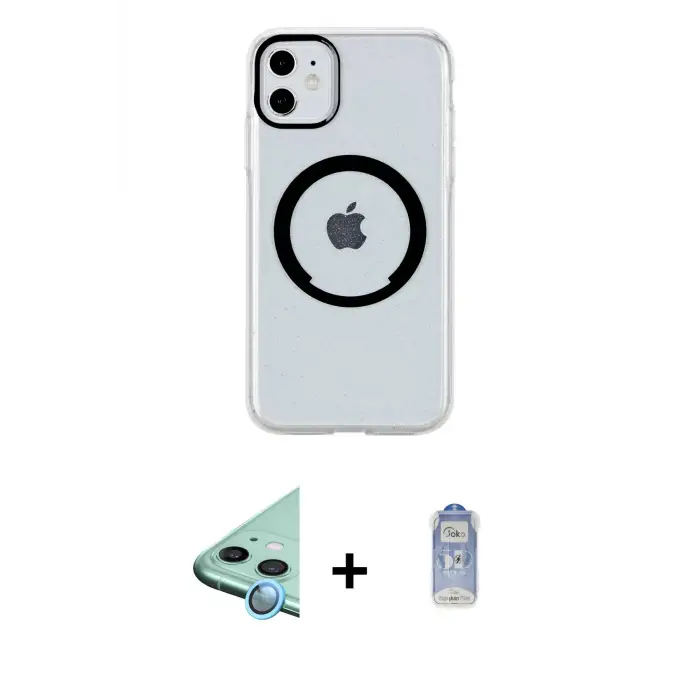 ieg™ iPhone 11 Kılıf Pusula Form - Siyah Joko Magic 5D Cam + Raze Metal Kamera Lens - MI