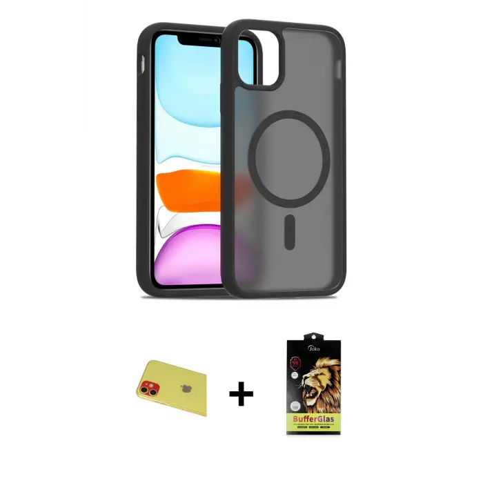 ieg™ iPhone 11 Kılıf Siluet Minimal Prime - Siyah Buffer Cam Ekran Koruyucu + Rainbow Kamera Lens Koruma Cam - KI
